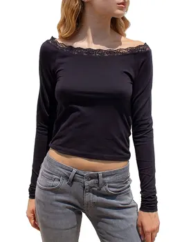 Женские короткие футболки с длинным рукавом, рубашки с кружевной отделкой и вырезом лодочкой, Весенние облегающие топы, уличная одежда