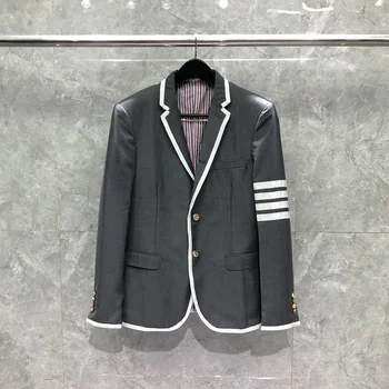 Мужская куртка TB THOM, Блейзеры Корейского модного бренда, Классические костюмы в белую полоску с зубчатым воротником, официальный деловой костюм, жакеты