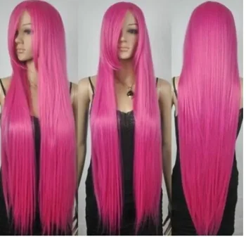 Бесплатная доставка 80 см Новые удлиненные розово-розовые прямые парики для косплея с запутанной челкой
