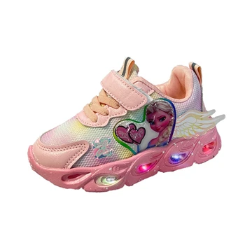 Обувь со светодиодной подсветкой для маленьких девочек, весенние детские повседневные кроссовки, Детская Дышащая спортивная обувь для бега с мультфильмом Disney Frozen для малышей