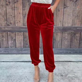 Мода 2023, Элегантные красные бархатные брюки для женщин, осень-зима, эластичные повседневные шорты с высокой талией, Женские однотонные Свободные брюки