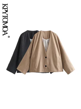 KPYTOMOA-Женская шерстяная куртка Оверсайз, пальто с длинным рукавом, на пуговицах спереди, Женская верхняя одежда, Шикарные топы, мода