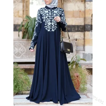 Весенне-осеннее платье с принтом, мусульманские абайи для женщин, европейский и американский женский темперамент, платье в этническом стиле, пышная юбка