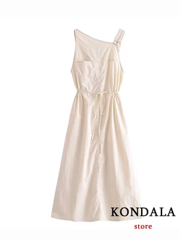 KONDALA Шикарное однотонное женское платье с длинным тонким поясом, мода 2023, Летнее Асимметричное Элегантное платье с диагональным воротником для вечеринок