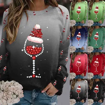 Женская Рождественская рубашка с бокалом вина, топ с длинным рукавом и круглым вырезом, Повседневный Осенний пуловер, толстовка, Верхняя одежда, шикарный размер Oversize