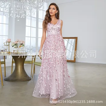 Женские платья, модное длинное вечернее платье, персиково-розовое платье для выпускного вечера без рукавов, элегантное вечернее платье с V-образным вырезом, женское платье