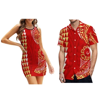 Летний комплект для пары на заказ, Гавайский пляжный сарафан без рукавов, Мужская Свободная рубашка, Полинезийский комплект для пары, Новинка 2024 года