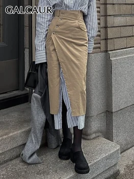 GALCAUR Корейские юбки неправильной формы трапециевидной формы с высокой талией, в стиле пэчворк, с разрезом на пуговицах, с цветными блоками, тонкая юбка в полоску с разрезом, женская