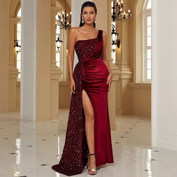 2023 Элегантные женские Платья для гостей с разрезом на одно плечо, платья для выпускного вечера, Винно-красное Бархатное платье без рукавов с пайетками, Vestidos