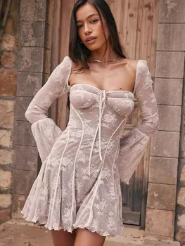 Женское сексуальное платье с цветочной вышивкой, без бретелек, на шнуровке, квадратный воротник, расклешенный рукав, мини-халат
