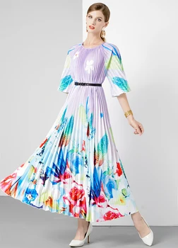 Плиссированное модное женское платье свободного кроя с круглым вырезом Miyake 2024, Длинное Летнее платье с цветочным принтом, с коротким рукавом, Высокоэластичное женское платье