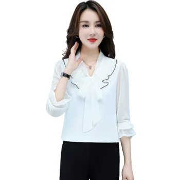 Весенне-летняя женская блузка с длинным рукавом, завязанная бантом, шифоновая рубашка, Черный, Белый, Плюс Размер 5XL, Тонкие Элегантные Женские повседневные рубашки