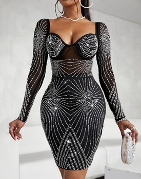 Сексуальное женское платье 2023, новый ночной клуб, бар, сексуальное платье с глубоким вырезом, горный хрусталь, геометрический узор, прозрачная сетка, вечернее платье с длинными рукавами