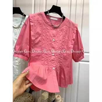 Рубашка в стиле пэчворк в стиле ретро, женская мода 2023, повседневный шикарный однобортный топ с пышными рукавами, женская блузка с коротким рукавом, топ