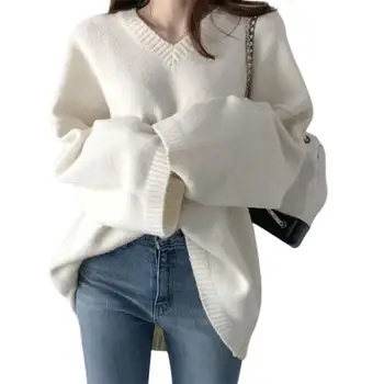 Зимний женский свитер с длинными рукавами, уютный вязаный женский свитер с V-образным вырезом на осень-зиму, свободный теплый пуловер с однотонным
