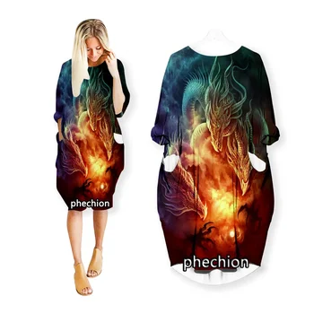 phechion Новые модные платья с 3D принтом Dragon Art, повседневное платье средней длины, женская одежда, топы с карманами и длинными рукавами, R93