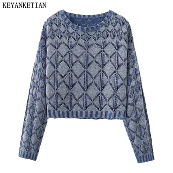KEYANKETIAN/ Осенний новый женский трикотаж с эффектом стирки, Винтажный геометрический пуловер с круглым вырезом, халат, Тонкий укороченный топ, свитер