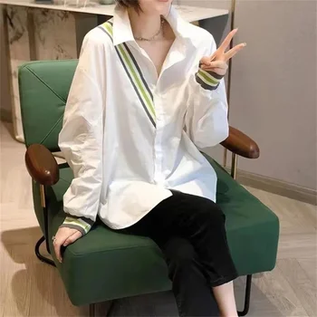 Корейская повседневная модная Белая рубашка средней длины с принтом, женская блузка с длинным рукавом, уникальный топ