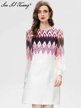 Модные дизайнерские весенние свободные платья Seasixiang, женские мини-платья с круглым вырезом и рукавом-фонариком с геометрическим принтом
