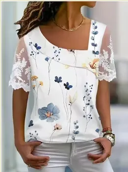 Повседневные Белые кружевные рубашки в стиле пэчворк с коротким рукавом Для женщин, летняя модная однотонная рубашка с цветочным принтом, Офисный Элегантный Облегающий топ Femme