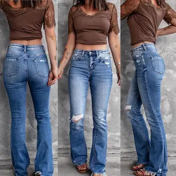FEOGOR весенне-летняя уличная мода, повседневные рваные джинсовые брюки, расклешенные брюки, базовые универсальные джинсовые женские пикантные новинки, горячая распродажа в
