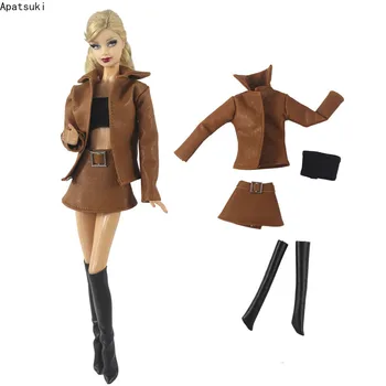 Комплект одежды для куклы из коричневой кожи для Барби, Модное пальто, куртка, тренчкот, топ, юбка, Носки для куклы Barbie 1/6, аксессуары для куклы