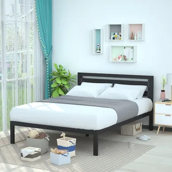 Металлическая кровать с изголовьем современного промышленного дизайна - Высота 14 дюймов для хранения под кроватью - Деревянные рейки, Queen-Size, Черный