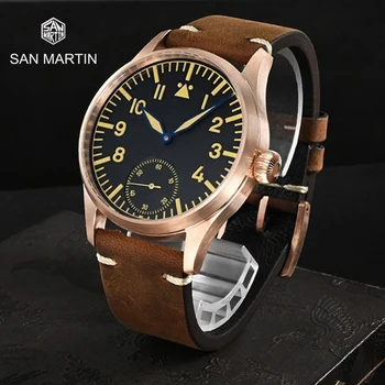 San Martin 41mm Cusn8 Бронзовые Часы Пилота NH35 Автоматические Механические Мужские Часы Military Sapphire 10Bar C3 Из Светящейся Кожи Relojes