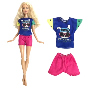 Модный наряд NK Official, 1 шт., синяя рубашка с рисунком собаки, розовые шорты, милый наряд, летняя одежда для аксессуаров куклы Барби