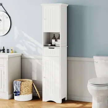 Высокий шкаф для хранения в ванной, отдельно стоящий с регулируемыми полками, узкий шкаф для хранения белья с 2 дверцами и 1 выдвижным ящиком