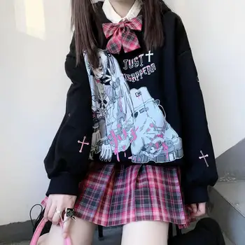 Толстовки с капюшоном в стиле аниме Харадзюку, женская японская уличная одежда в готическом стиле, толстовки с капюшоном с мультяшным принтом, Черные топы Осень Y2k