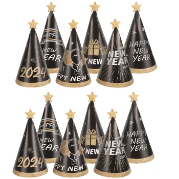12шт шляп-конусов для новогодней вечеринки 2024, новогодние бумажные шляпы, принадлежности для новогодней вечеринки
