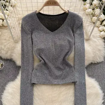 Женский топ с блестящими бриллиантами с длинными рукавами, осенне-зимняя легкая роскошная футболка с V-образным вырезом, женский универсальный базовый пуловер
