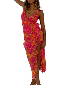 Женское платье макси с открытыми плечами, тропическим принтом и волнистым гофрированным подолом для пляжного отдыха