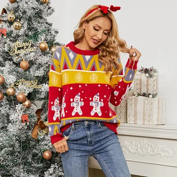 Рождественский женский свитер с V-образным вырезом и длинными рукавами и принтом