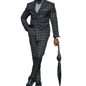 Классические темно-серые двубортные мужские костюмы в клетку с остроконечными лацканами для делового офиса, официальные мужские пальто, брюки, приталенная одежда, сшитая на заказ
