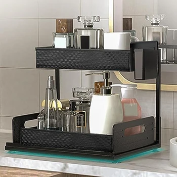 Органайзеры, органайзеры для ванной комнаты Под шкафом, 2-уровневое хранение на стойке С крючками для выдвижных ящиков, чашки прочного черного цвета