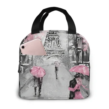 Париж, Эйфелева башня, пара, Розовая Цветочная сумка для ланча, сумка для взрослых, Многоразовый ланч-бокс, контейнер для женщин, мужчин, школы, офиса, работы