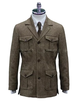 Зимние мужские костюмы из твида в елочку / Только классический пиджак с четырьмя карманами-конвертами, мужская одежда, уникальное дизайнерское повседневное пальто