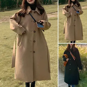 Женское пальто Стильное ветрозащитное женское пальто с поясом Средней длины с отложным воротником, однобортный дизайн для зимнего тепла