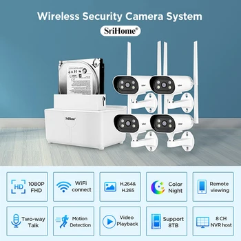 SriHome 1080P 4CH Беспроводная Система Видеонаблюдения NVR KiT Камера Видеонаблюдения Двухстороннее Аудио Внутренняя Наружная Домашняя IP-Камера Nvr Set