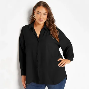 Плюс размер, весенне-осенняя элегантная блузка и рубашка с длинным рукавом, женская, на пуговицах спереди, Свободная, оверсайз, Черная, офисная рубашка, наряд