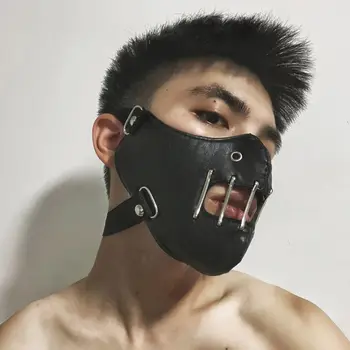 Мужская кожаная фетиш-маска для ролевых игр, выдолбленная маска для искушения, игрушечная игра, карнавальная вечеринка, сексуальная кожаная металлическая маска для ролевых игр