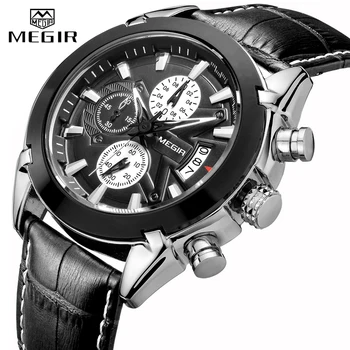MEGIR Подлинные черные часы из натуральной кожи Мужские Роскошные Брендовые кварцевые часы гоночные мужские Студенческие Игровые наручные часы с хронографом