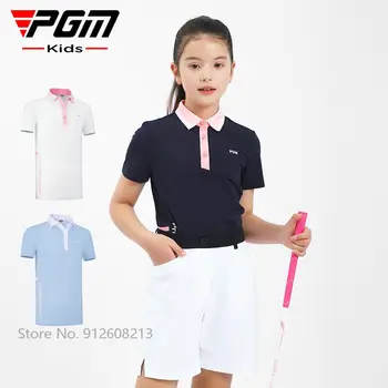 PGM Детская Летняя Спортивная одежда для гольфа на открытом воздухе, Футболки для гольфа с короткими рукавами Для девочек, Детские Мягкие Эластичные Топы, Рубашка с отложным воротником S-XL