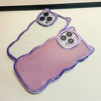 Для iPhone 14 Plus 13 12 11 Pro Max XS X XR Модные Фиолетовые 3D Чехлы с Кошачьими Ушками С Гальваническим Покрытием Для iPhone 7 8 Plus GlitterCover