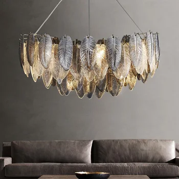 Подвесные светильники Современные стильные лампы Дымчато-серого цвета из роскошного перьевого стекла, круглый Подвесной домашний светильник для гостиной