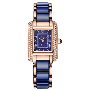 № 2 Женские кварцевые часы Kimio Модный Синий Квадратный браслет с бриллиантами, брендовые часы с имитацией керамики, студенческие водонепроницаемые