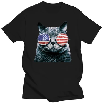 футболка Кошка в очках, флаг, мужская и женская футболка, размер США Em1, летняя стильная футболка, черная футболка для мужчин, повседневные топы