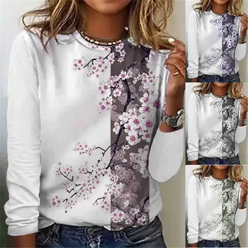 Женская футболка с цветочным принтом, свитер в винтажном стиле, Хлопковая женская одежда с круглым вырезом и длинным рукавом Y2k, супер уличный джемпер